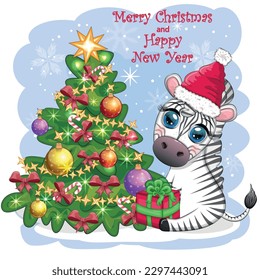Merry Christmas and Happy New Year greeting card with cute zebra in santa hat with christmas ball, candy kane, gift. Wildlife holidays cartoon character.