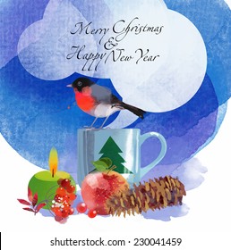 Merry Christmas and Happy New Year. Watercolor vector background.