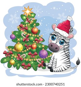 Merry Christmas and Happy New Year greeting card with cute zebra in santa hat with christmas ball, candy kane, gift. Wildlife holidays cartoon character.