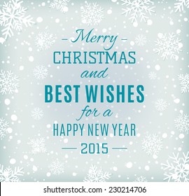 Merry Christmas and Happy New Year text label on a winter background with snow and snowflakes. Greeting card. Vector illustration