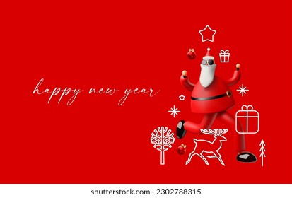 Merry Christmas and Happy New Year design template with Santa Claus and line art New Year celebration elements