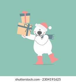 merry christmas and happy new year with cute polar polar bear and present gift box in the winter season, flat vector illustration cartoon character costume design