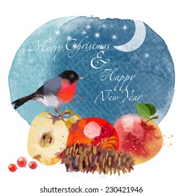 Merry Christmas and Happy New Year.  Watercolor vector background for card design
