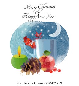 Merry Christmas and Happy New Year.  Watercolor vector background for card design