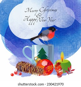 Merry Christmas and Happy New Year.  Watercolor vector background for card design