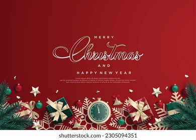 Merry christmas and happy new year red poster with gift box and christmas decoration elements.