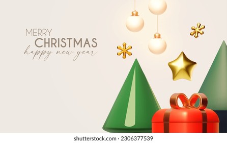 Merry Christmas and Happy New Year design template with fir trees and gift boxes. Happy holidays