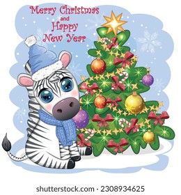 Merry Christmas and Happy New Year greeting card with cute zebra in santa hat with christmas ball, candy kane, gift. Wildlife holidays cartoon character.