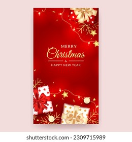 merry christmas and happy new year social media story with realistic red decoration