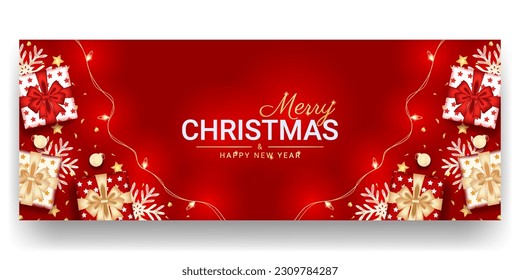 Merry Christmas and happy new year banner with realistic red decoration