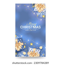 merry christmas and happy new year social media story with realistic blue decoration