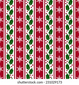 Merry Christmas and Happy New Year! Striped background with snowflakes and holly. Seamless pattern. Vector illustration.