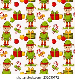 Merry Christmas and Happy New Year! Seamless pattern with elves and gifts on white background. Vector illustration.