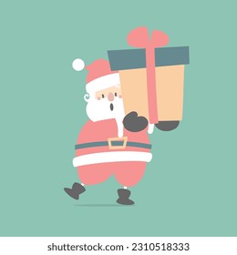 merry christmas and happy new year with cute santa claus and present gift in the winter season green background, flat vector illustration cartoon character costume design