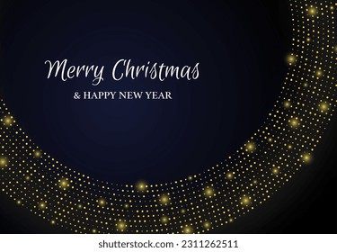 Merry Christmas and Happy New Year of gold glitter pattern in circle form. Abstract gold glowing halftone dotted background for Christmas holiday greeting card on dark background. Vector illustration