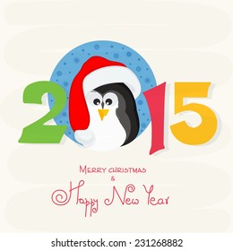  Merry Christmas and Happy New Year celebrations greeting card design with cute cartoon of a penguin in Santa cap on beige background.