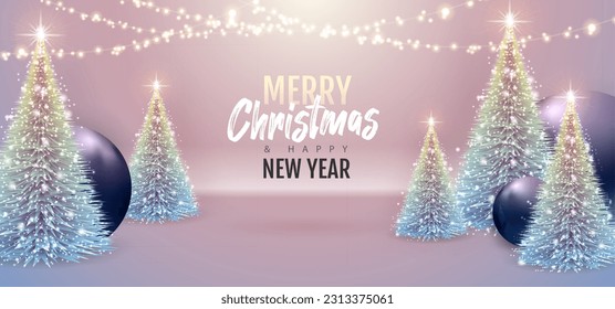 Merry Christmas and happy New Year poster with christmas holiday decorations. Christmas holiday background. Vector illustration
