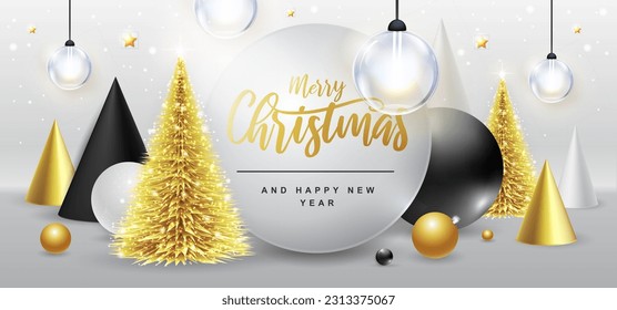 Merry Christmas and happy New Year poster with christmas holiday decorations. Christmas holiday background. Vector illustration