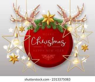 Merry Christmas and happy New Year poster with christmas holiday decorations. Christmas holiday background. Vector illustration