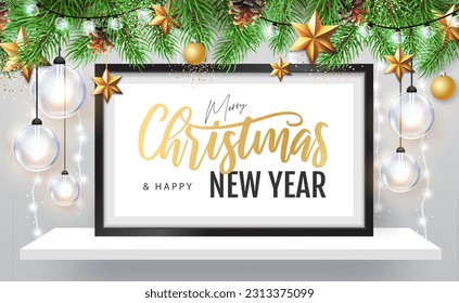 Merry Christmas and happy New Year poster with christmas holiday decorations. Chrisrmas background with string of lights. 3D interior design with black frame on white walll shelf.