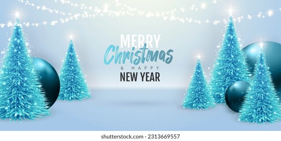 Merry Christmas and happy New Year poster with christmas holiday decorations. Christmas holiday background. Vector illustration