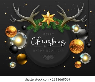 Merry Christmas and happy New Year poster with christmas holiday decorations. Christmas holiday background. Vector illustration