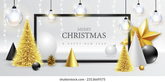 Merry Christmas and happy New Year poster with christmas holiday decorations. Christmas holiday background. Vector illustration