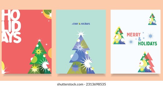 Merry Christmas and Happy New Year Set of templates, backgrounds, greeting cards, posters, holiday covers, banner set. Xmas tree, snowflake and season wishes in modern minimalist style 