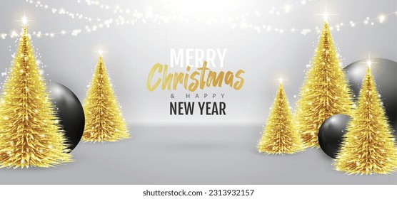 Merry Christmas and happy New Year poster with christmas holiday decorations. Christmas holiday background. Vector illustration