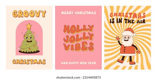 Feliz Navidad y Feliz Año Nuevo. Santa Claus, muñeco de nieve con un estilo retro de dibujos a la moda. Tarjetas de felicitación, plantilla, carteles, impresiones, invitaciones a fiestas y fondos. Afiches de invierno Groovy.