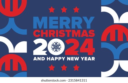 Merry Christmas and Happy New Year 2024. Magic holiday poster with snowflake. Winter celebration event. Christmas party. Congratulation card. Festive design template. Vector illustration