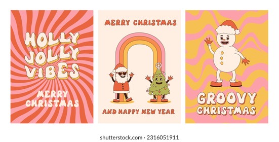 Feliz Navidad y Feliz Año Nuevo. Santa Claus, muñeco de nieve con un estilo retro de dibujos a la moda. Tarjetas de felicitación, plantilla, carteles, impresiones, invitaciones a fiestas y fondos. Afiches de invierno Groovy.