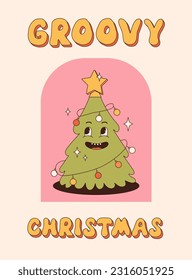Merry Christmas and Happy New year. Christmas tree in trendy retro cartoon style. Greeting cards, template, posters, prints, party invitations and backgrounds. Groovy winter posters.