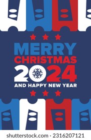 Merry Christmas and Happy New Year 2024. Magic holiday poster with snowflake. Winter celebration event. Christmas party. Congratulation card. Festive design template. Vector illustration