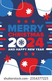 Merry Christmas and Happy New Year 2024. Magic holiday poster with snowflake. Winter celebration event. Christmas party. Congratulation card. Festive design template. Vector illustration
