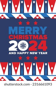 Merry Christmas and Happy New Year 2024. Magic holiday poster with snowflake. Winter celebration event. Christmas party. Congratulation card. Festive design template. Vector illustration