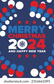 Merry Christmas and Happy New Year 2024. Magic holiday poster with snowflake. Winter celebration event. Christmas party. Congratulation card. Festive design template. Vector illustration