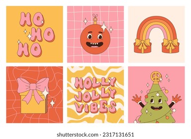 Merry Christmas and Happy New year. Christmas tree and presents in trendy retro cartoon style. Greeting cards, template, posters, prints, party invitations and backgrounds. Groovy winter posters.