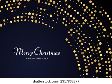 Feliz Navidad y Feliz Año Nuevo de patrón oro brillante en forma circular. Resumen de color dorado brillante medio tono salpicado de fondo para la tarjeta de saludo de Navidad en fondo oscuro. Ilustración del vector