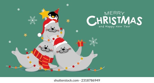 Merry Christmas and happy new year with cute seals and penguin. Arctic animal in winter costume and red gift cartoon character. - Vector