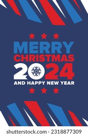 Merry Christmas and Happy New Year 2024. Magic holiday poster with snowflake. Winter celebration event. Christmas party. Congratulation card. Festive design template. Vector illustration