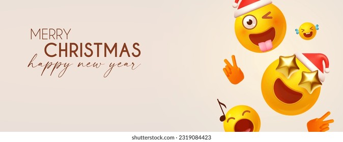 Merry Christmas and Happy New Year funny design template with smiling Santa Claus faces. Happy holidays