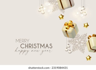 Merry Christmas and Happy New Year design template with gift box, snowflake and Santa Claus. Happy holidays. Special season offer