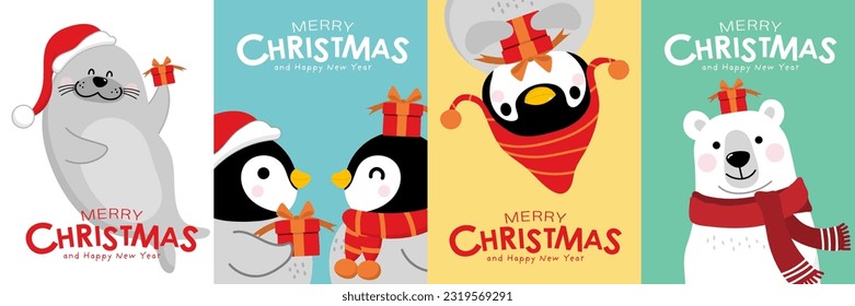 Merry Christmas and happy new year greeting card with cute polar bear, seal and penguins. Arctic animal in winter costume and red gift cartoon character. - Vector