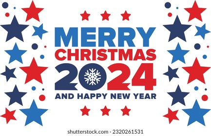 Merry Christmas and Happy New Year 2024. Magic holiday poster with snowflake. Winter celebration event. Christmas party. Congratulation card. Festive design template. Vector illustration