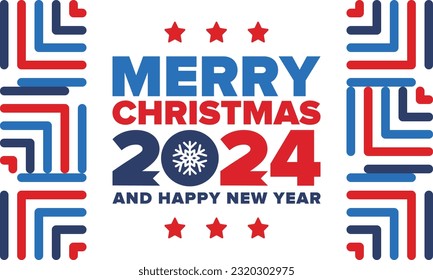 Merry Christmas and Happy New Year 2024. Magic holiday poster with snowflake. Winter celebration event. Christmas party. Congratulation card. Festive design template. Vector illustration