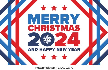 Merry Christmas and Happy New Year 2024. Magic holiday poster with snowflake. Winter celebration event. Christmas party. Congratulation card. Festive design template. Vector illustration