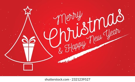 Merry Christmas and Happy New Year Lettering with tree and gift box in white colour isolated on Red Background