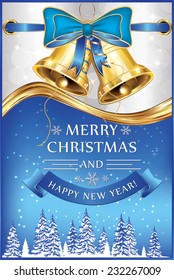 Merry Christmas and Happy New Year - Blue golden card for print, with elegant jingle bells, a blue ribbon and a winter holiday background. Custom size of a printable greeting card, print colors used.