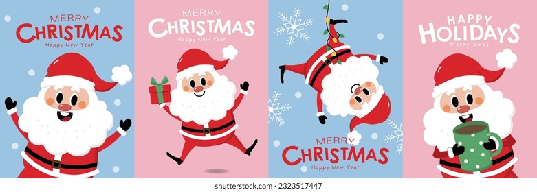 Merry Christmas and happy new year greeting card with cute Santa Claus collection. Holiday cartoon characters set. -Vector